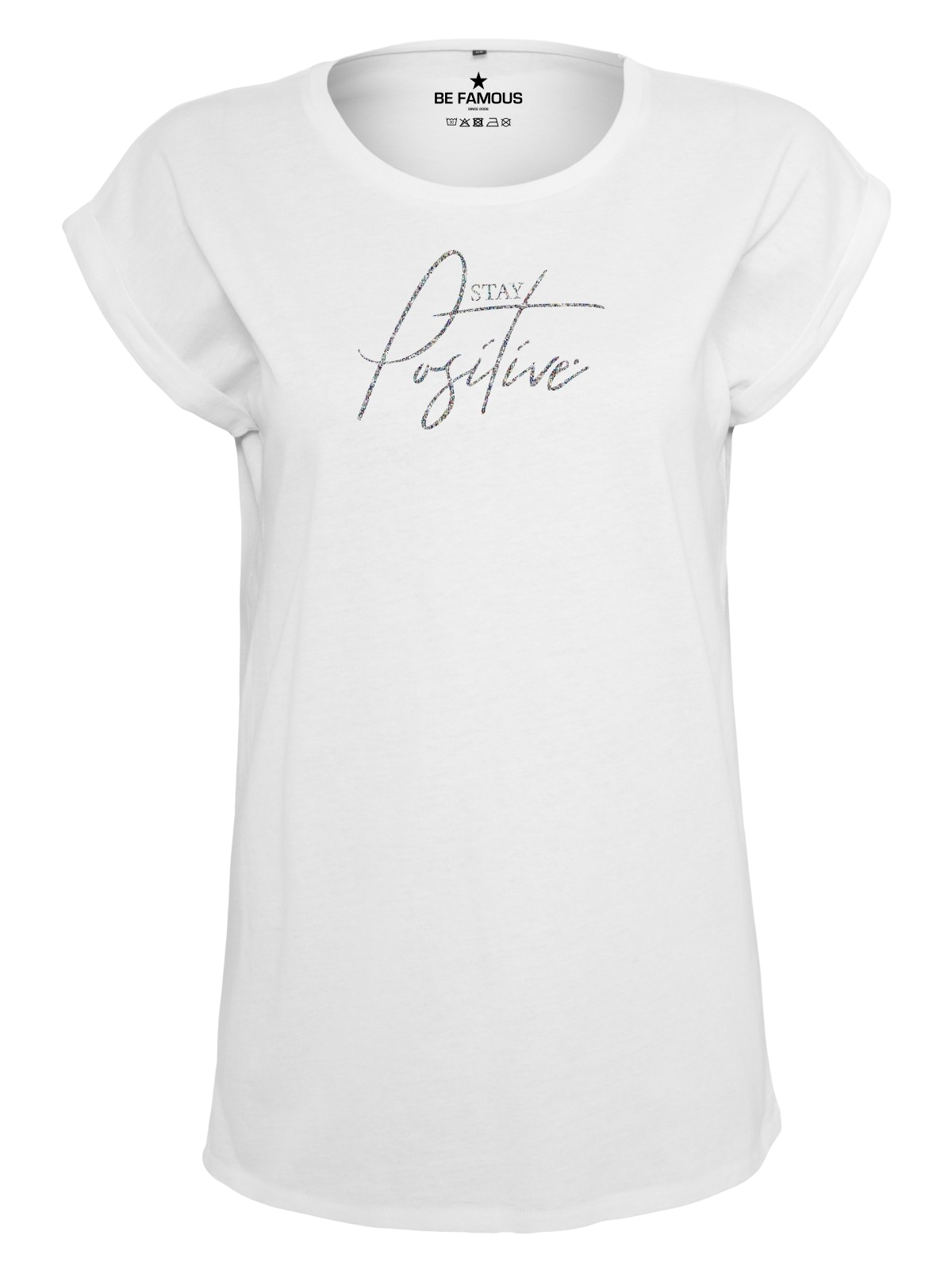 Be Famous Women Rolled T-Shirt Staypo  Shirt White (Print: LightMultiGlitter G0064) 5XL