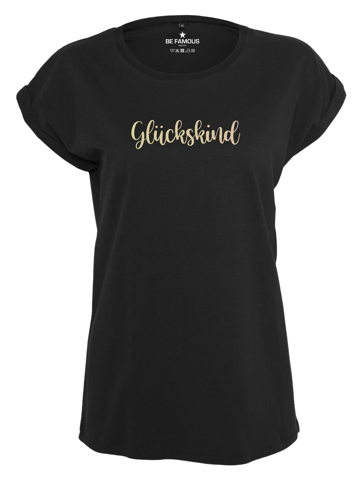 Be Famous Women Rolled T-Shirt Glückskind Shirt Black (Print: Champagne PT4957) 5XL