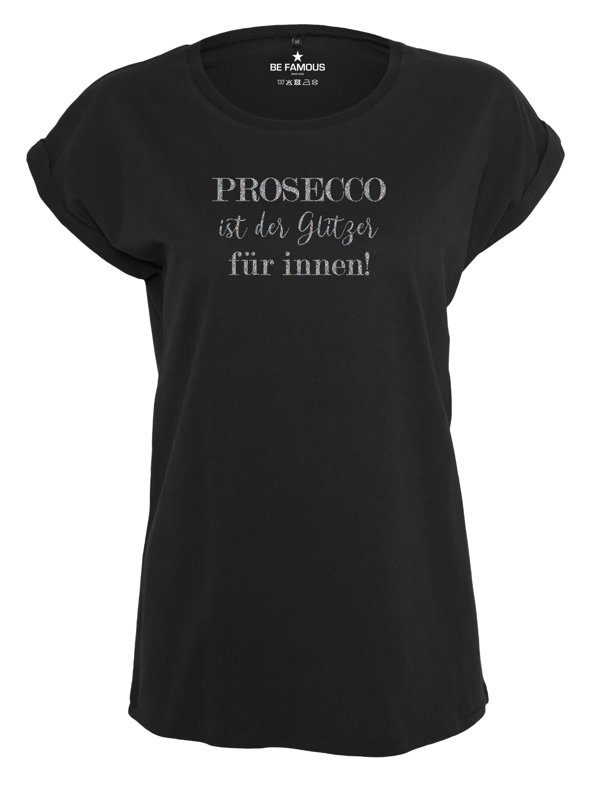 Be Famous Women Rolled T-Shirt PROSEGLITZ Black Shirt (Print: LightMulti Glitter G0064) 5XL