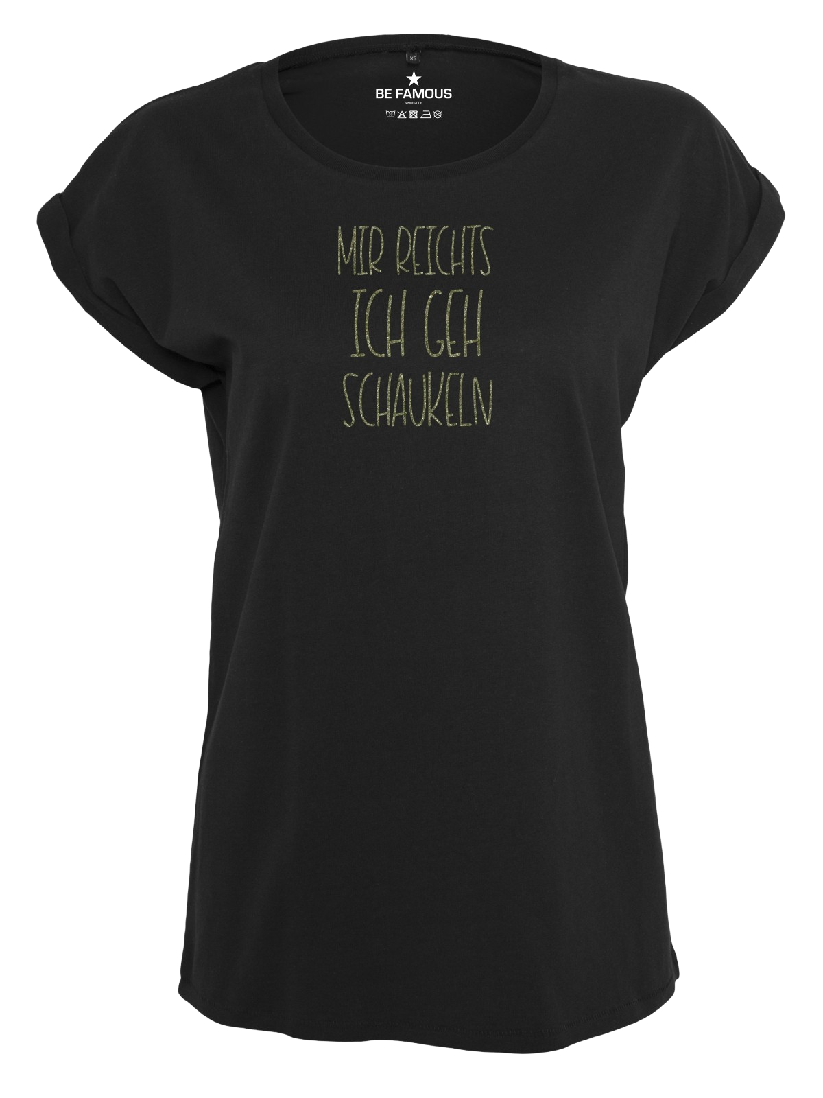 Be Famous Women Rolled T-Shirt MIGEHSCHA Shirt Black (Print: Khaki Glitter FK-04) 5XL