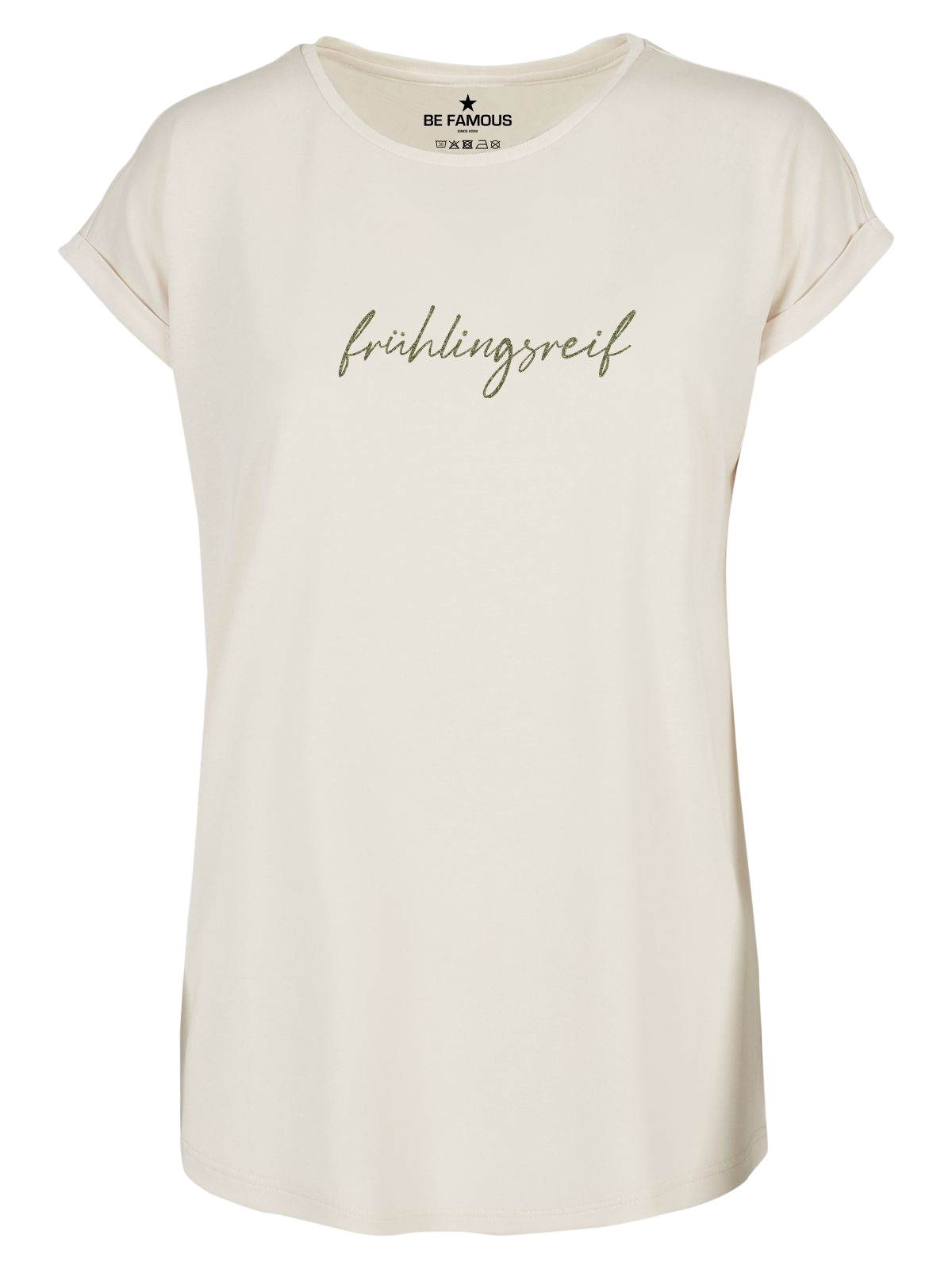 Be Famous Women Rolled T-Shirt Frühli21  Shirt Vintage White (Print: Khaki Glitter FK-04) 5XL