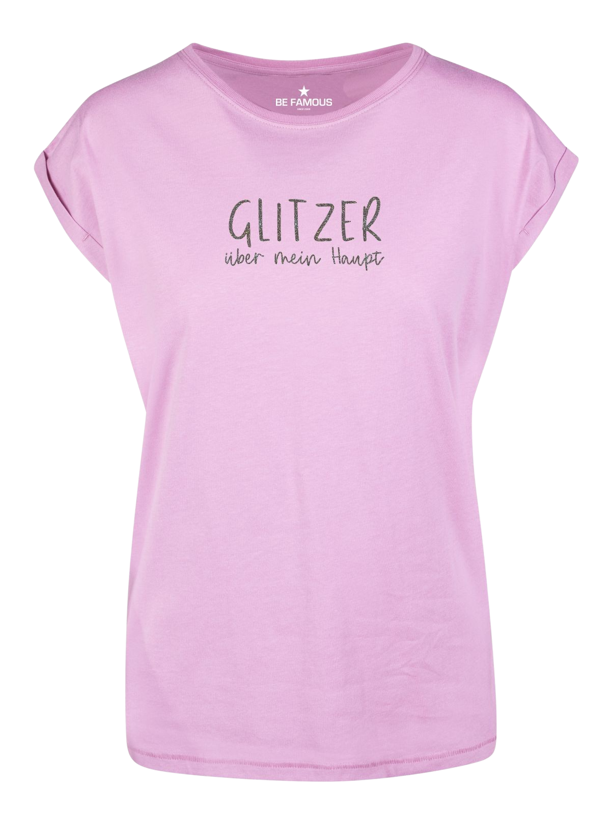 Be Famous Women Rolled T-Shirt GLITZHAU Shirt Cool Pink (Print: Rainbow Black Glitter FK-55) XXL