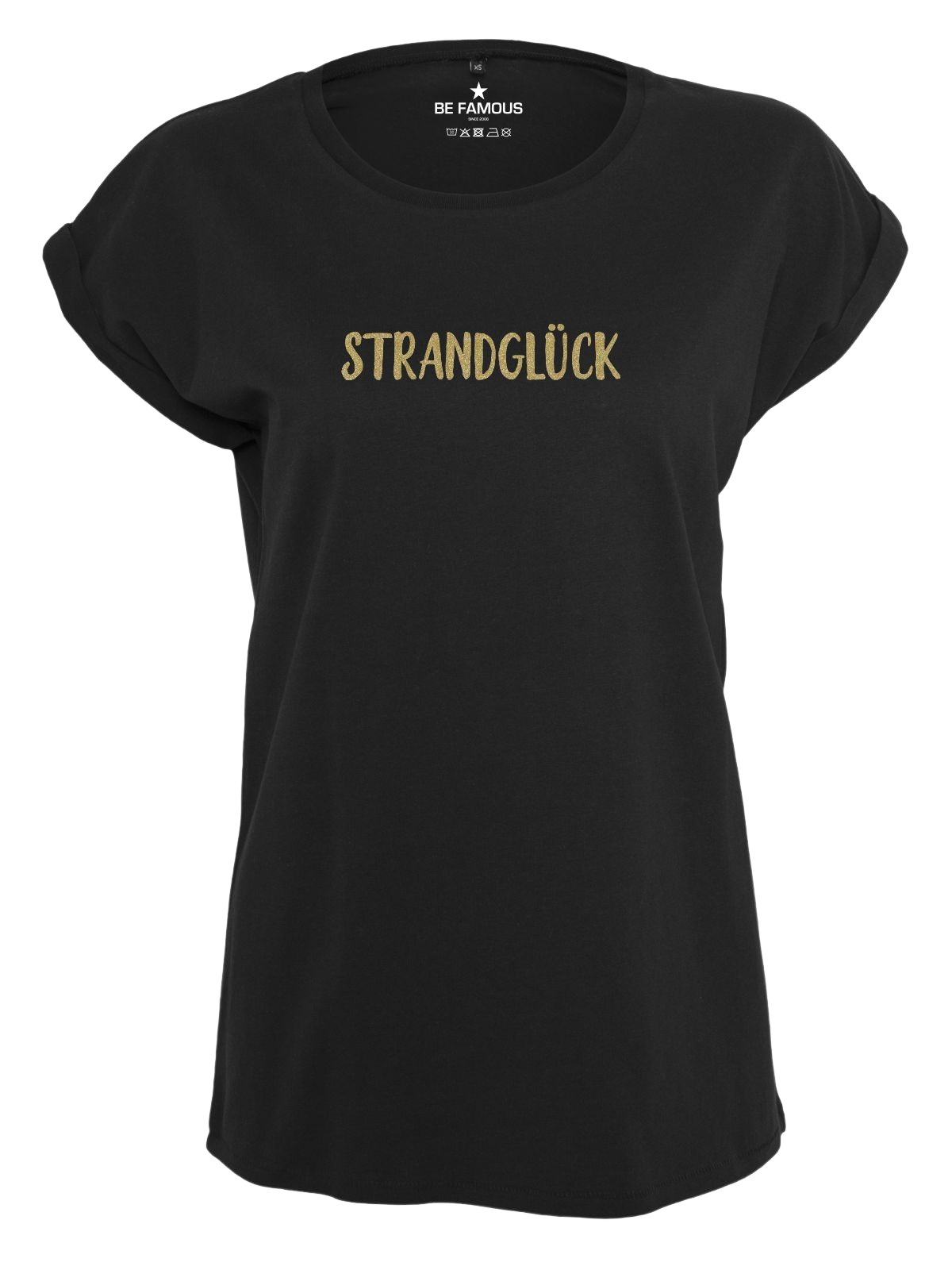 Be Famous Women Rolled T-Shirt Strandglück Shirt Black (Print: 14K Gold Glitter G0094) 5XL