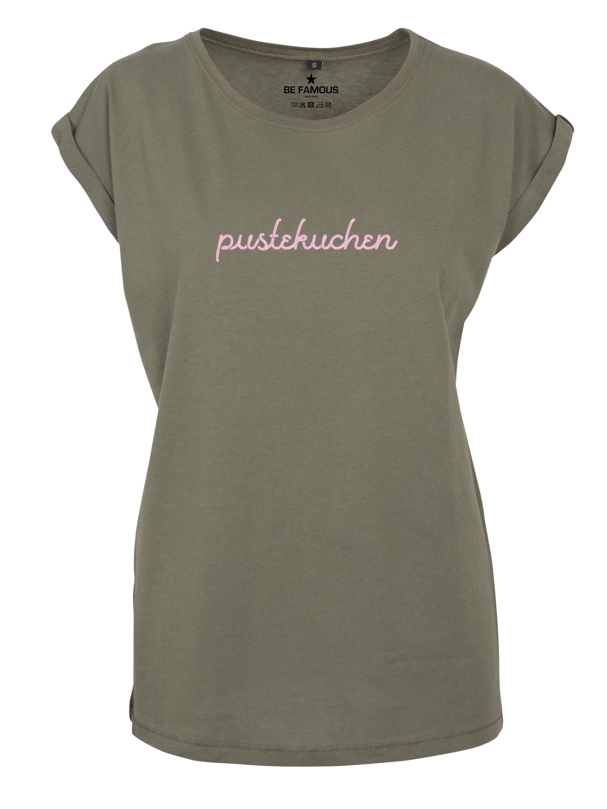 Be Famous Women Rolled T-Shirt PUSTEKUCH Shirt Olive (Print: Rainbow Pink Glitter FK-51) 5XL