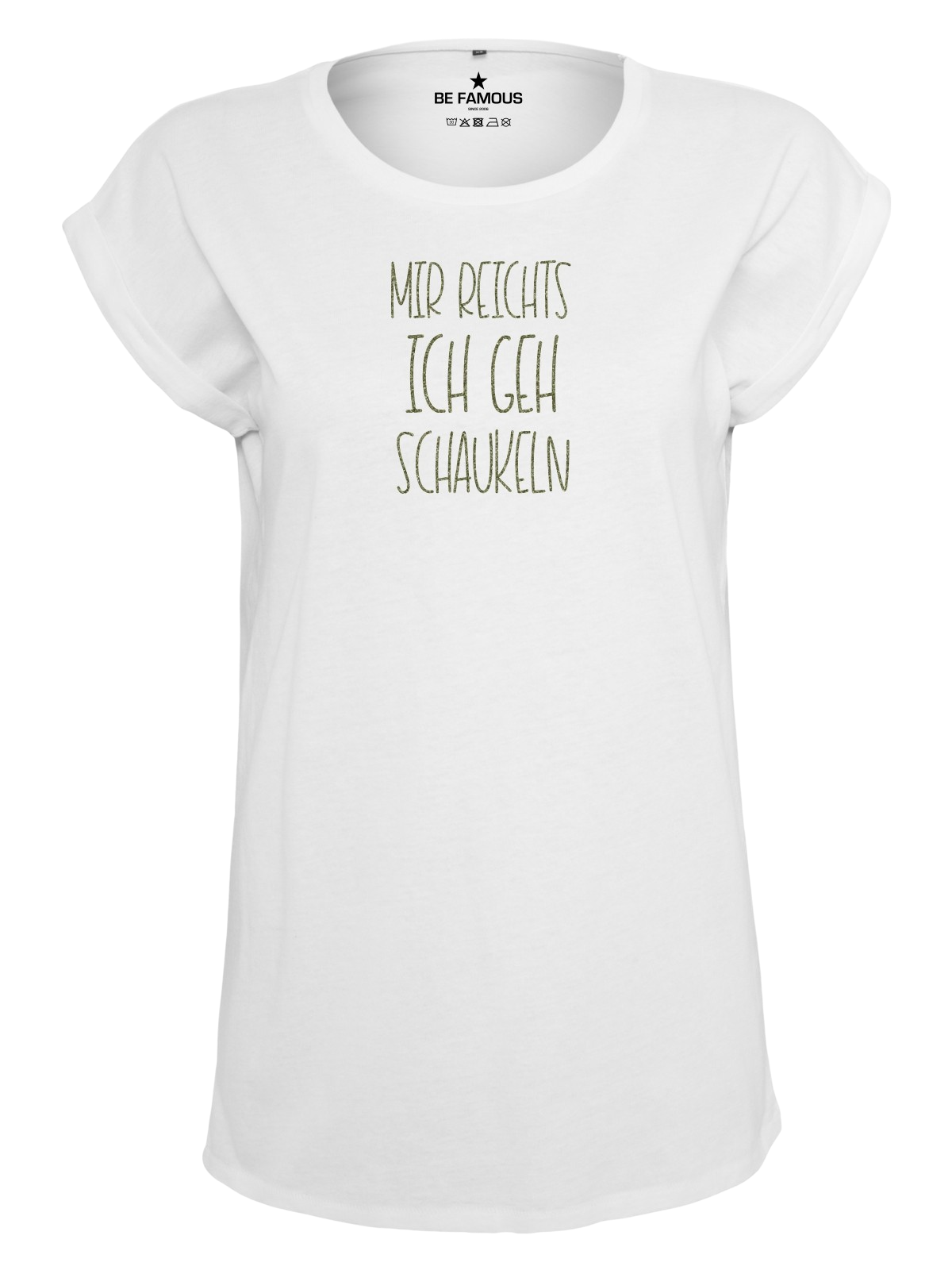 Be Famous Women Rolled T-Shirt MIGEHSCHA Shirt White (Print: Khaki Glitter FK-04) 5XL