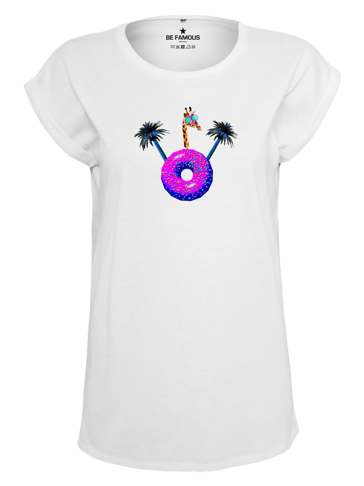 Be Famous Women Rolled T-Shirt donugif white