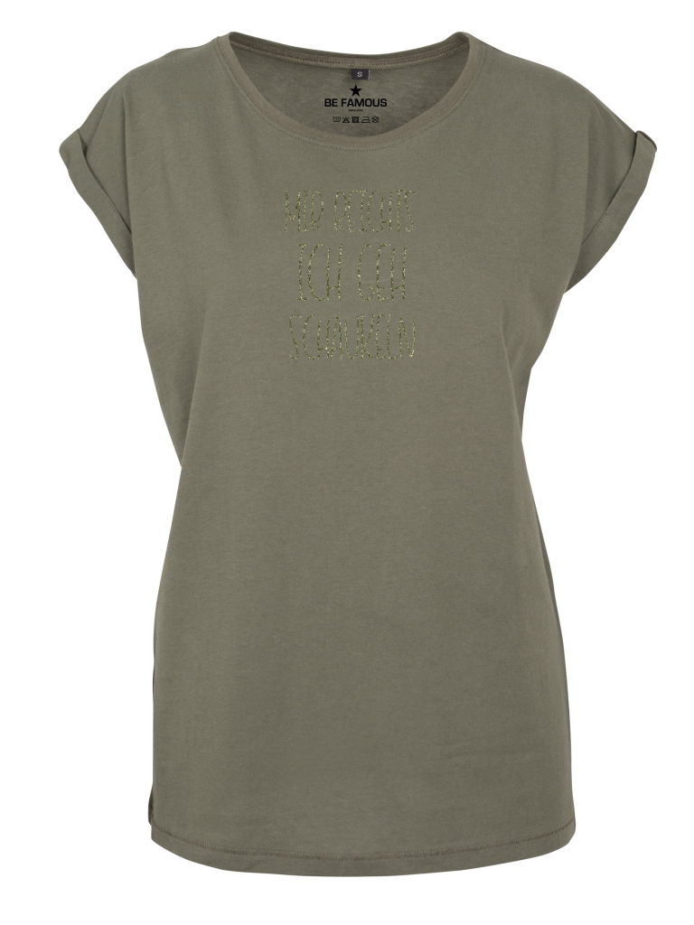 Be Famous Women Rolled T-Shirt MIGEHSCHA Shirt Olive (Print: Khaki Glitter FK-04) 5XL