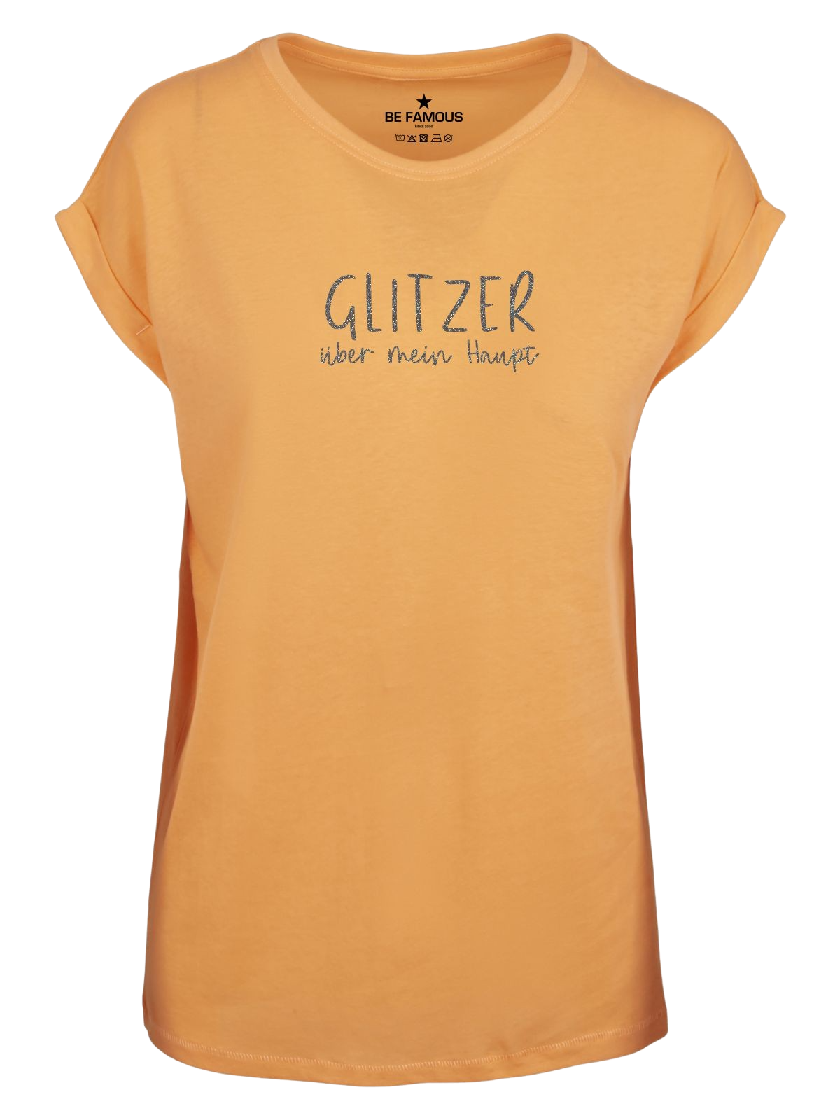 Be Famous Women Rolled T-Shirt GLITZHAU Shirt Papaya (Print: Rainbow Black Glitter FK-55) XXL