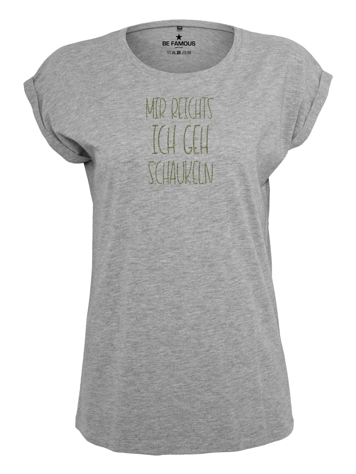 Be Famous Women Rolled T-Shirt MIGEHSCHA Shirt Grey (Print: Khaki Glitter FK-04) 5XL