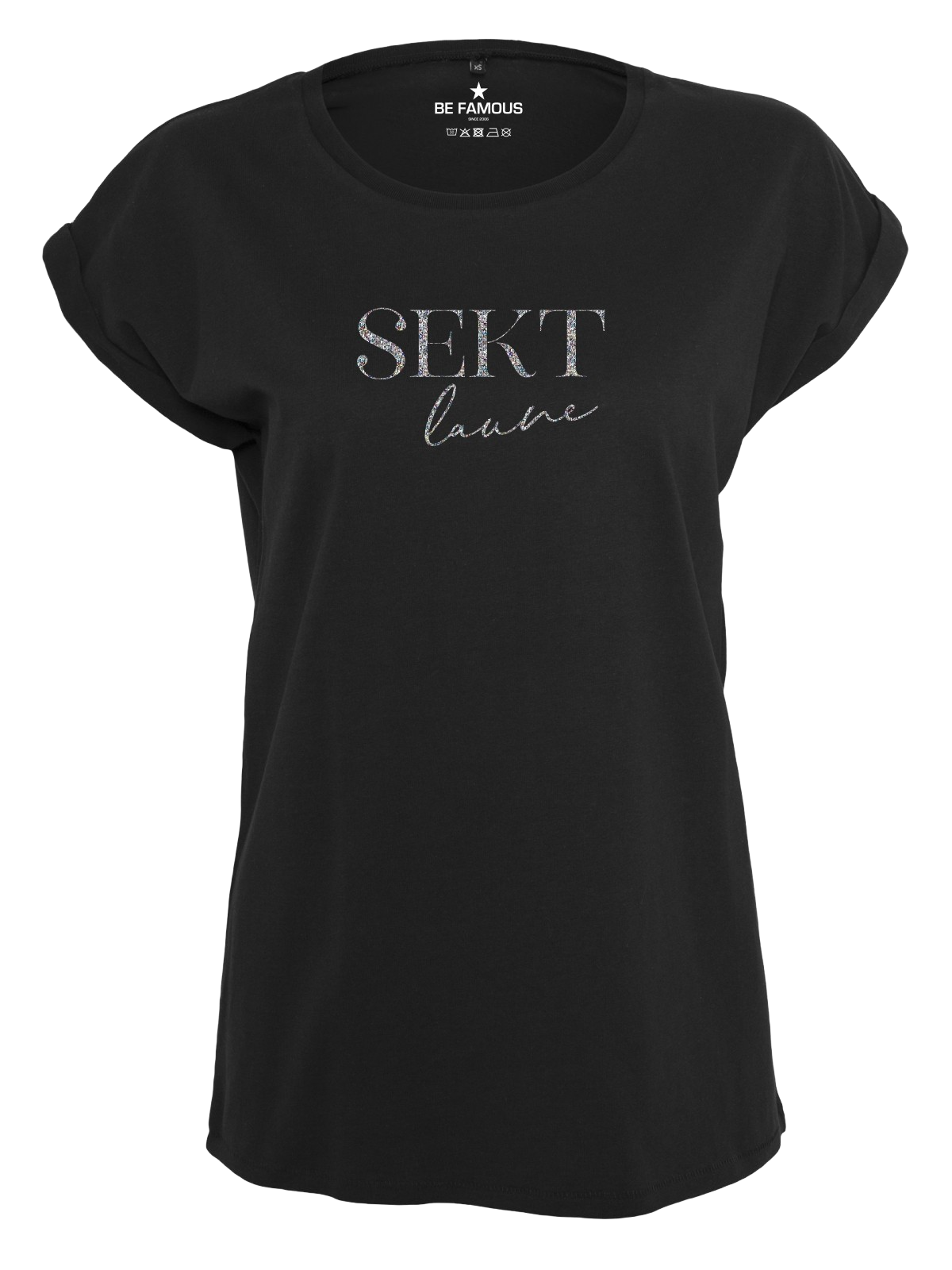 Be Famous Women Rolled T-Shirt SEKTLAU Shirt Black (Print: LightMulti Glitter G0064) 5XL